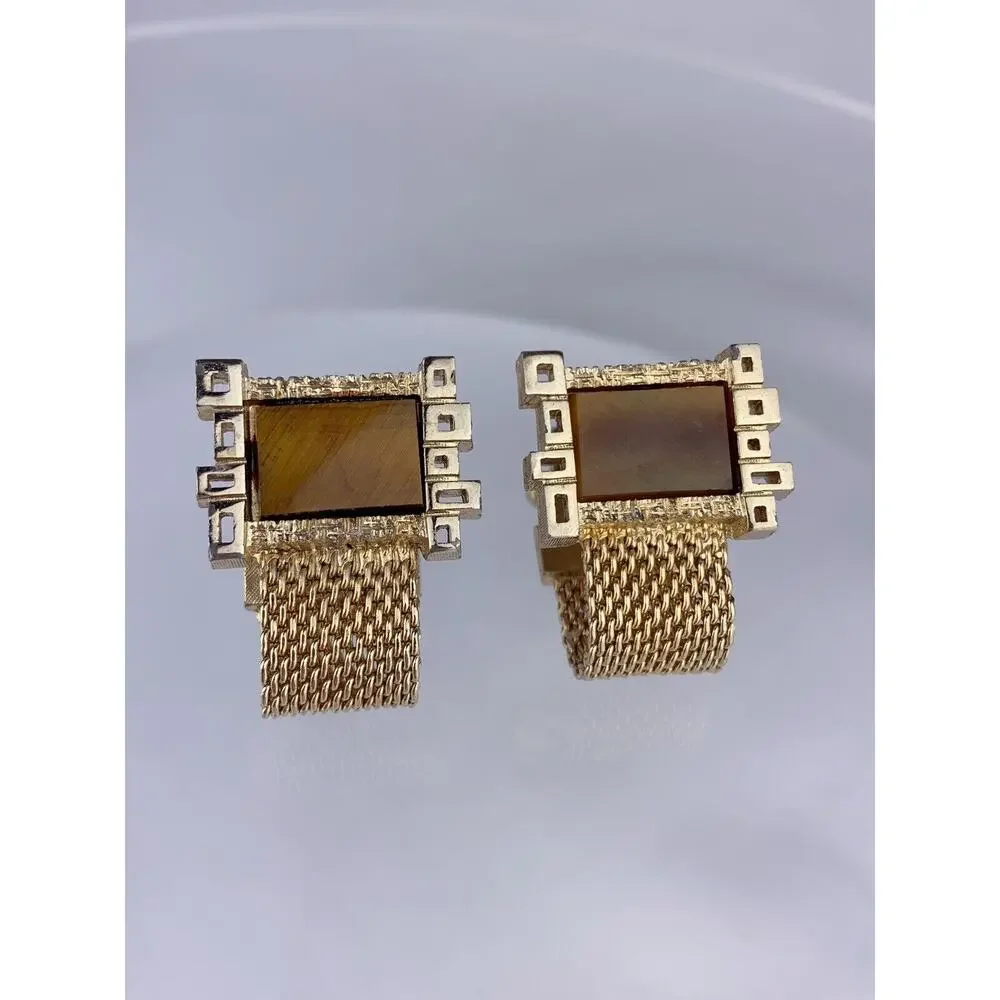 Tigers Eye Mesh Wrap Gold Tone Cufflinks Squares Modernist Retro